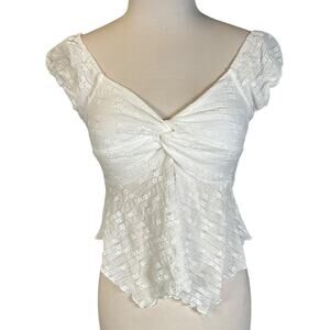 Y2K La Peche White Lace Babydoll Top Twist Front Fairycore Cap Sleeve Size M